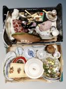 Two boxes of silver plated serving trays, collector's plates,