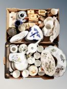 Two boxes of 20th century ceramics, cottage ware, pottery stein,