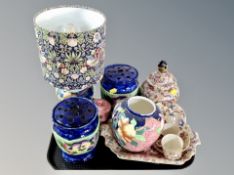 A Maling lustre table lamp with William Morris design shade together with further Maling wares,