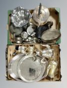 Three bottles of silver plated items, kettle on stand, gallery tray,