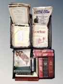 Two crates of sheet music, world atlas, bible,