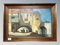 Danish school : figures by a bridge, oil on canvas,