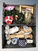 Two boxes of turned wooden candlesticks, ceramics, coloured glass bowl,