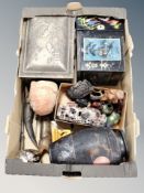 A box of Oriental wares, Japanese export vase, soapstone carving, miniature cloisonne vases ,