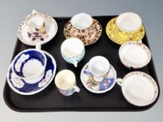 Two Royal Crown Derby tea cup and saucers, Royal Winton coffee can,