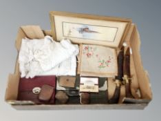 Two Eastern knives in sheaths, gilt costume brooch depicting a terrier, leather purses,