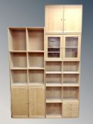 A Scandinavian beech seven piece modular wall unit