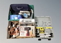 Two boxes containing Black and Decker power tools, oil lamp,