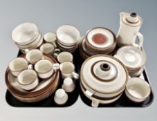 Forty seven pieces of Denby stoneware tea and dinner china (two trays)