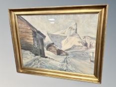 Continental school : mountainous snowy landscape, watercolour,