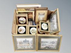 A box of framed porcelain wildlife tiles, Lowry prints, two watercolour studies,