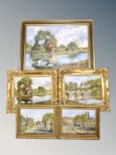 Five Margaret Pemberton oils on boards to include Old Corbridge Marketplace, Old Corbridge,