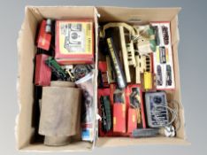Two boxes of Hornby railways rolling stock, track, accessories and control units,