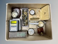 A box of assorted pocket knives, gold-mounted cultured pearl necklace, pocket watches,