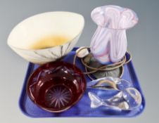 An Art glass bowl, Bohemian crystal bowl, glass dolphin and whale,