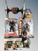 A box of two Marvel Black Widow figures, boxed, two Pop Black Panther figures, boxed,
