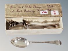 A box of six silver plated spoons