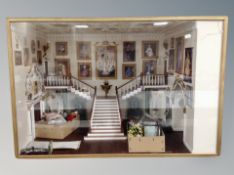 A Georgian style staircase diorama with tray of accessories in display case,