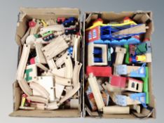 Two boxes of Brio and Gullana wooden Thomas the Tank engine buildings,