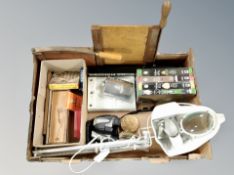 A box of vintage travel games, dominoes, angle poised reading lamp, field glasses,