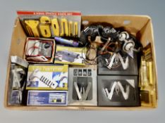 A box of assorted pocket multi tools, ratchet screw driver, utility knife set,