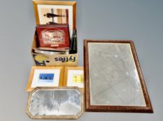 A contemporary overmantel mirror and a box of Jack Vettriano prints, bird pictures,