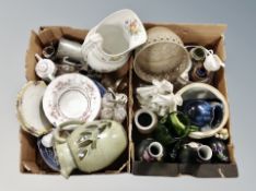 Two boxes of antique and later ceramics, cut glass cruet set on plated stand,