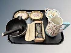 A Victorian aesthetic jug, together with studio pottery dish, two hand finished plaques,