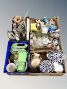 A pallet of four boxes of antique and later china, Ringtons ware, pendant helicopter light fitting,