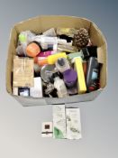 A box of beauty products, perfumes, body gift sets,