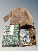 Two boxes of Christmas patchwork throw, simulated fur, nativity scene, Black Forest cuckoo clock,