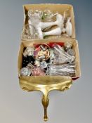 Two boxes of gilt miniature hall table, assorted glass ware,