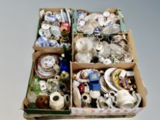 A pallet of five boxes of assorted ceramics, glass ware, pottery vases,