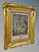 A 19th century continental monochrome engraving depicting figures in a salon,