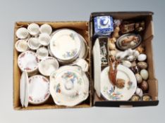 Two boxes of marble and onyx eggs, antique Victoria tea ware, dog figures,