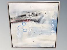 A contemporary abstract art oil on canvas initialled O M, 90 cm x 90 cm.