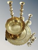 Assorted brass wares, Chinese pie crust edge plate, fruit bowl,