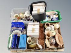 A pallet of six boxes and crates of collector's plates, Ringtons and Coalport, teapots,