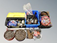 A Stanley 49 cm tool box containing hand tools together with two crates,