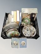 Two boxes of glass ware, serving dishes, collector's plates, two vintage Rider Haggard books,
