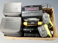 A box of Sony DAB hifi system with speakers, pair of Wharfedale speakers,