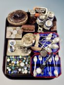 A tray of collectables, glass marbles, NUFC badges, rock sample, coins, cruet set,