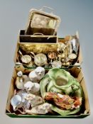 Two boxes of spaniel figures, jug and basin, plated wares,