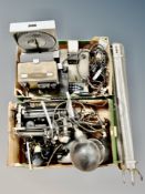 Two boxes of vintage typewriter, photography lights, easel, adding machine,