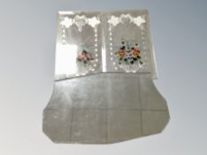 A 1930's frameless mirror together with a pair of hand painted etched mirrors