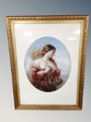A 19th century oval over painted print - Female wheat gatherer, 50 cm x 40 cm, framed.
