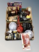 Two boxes of die cast cars, angle poised lamps, vintage phones, cameras,