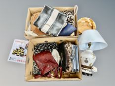 Two boxes of lady's hand bags and purses, porcelain table lamp,