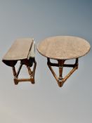 A stained oak cricket style coffee table together with a small drop leaf table