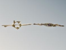 Two 9ct gold bar brooches set with amethyst/seed pearls. CONDITION REPORT: 6.